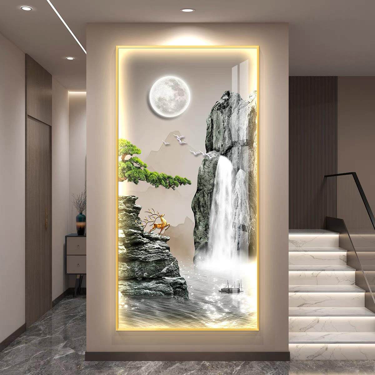 流水生财led带灯画轻奢入户玄关装饰画挂画壁画走廊过道简约