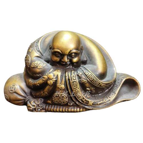 纯铜仿古弥勒佛摆件黄铜做旧笑佛古玩收藏家居装饰铜器工艺品摆件