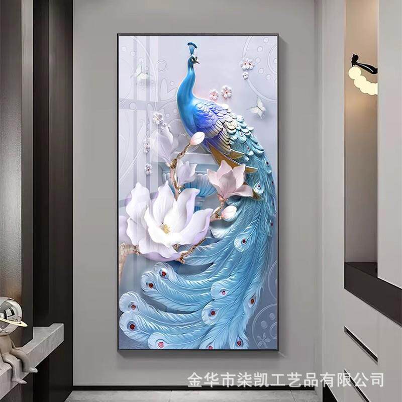 现代轻奢孔雀玄关电表箱装饰画大尺寸配电箱遮挡别墅高端大气挂画