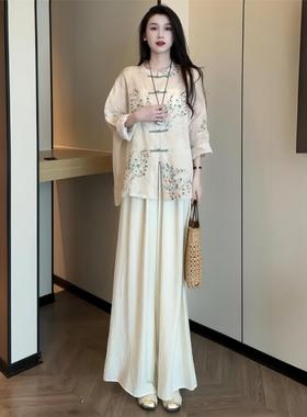 女神范高端时尚套装女早秋新款洋气国风盘扣改良衬衫阔腿裤两件套