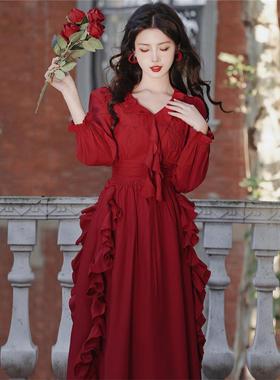 法式覆古荷叶边红色长袖连衣裙女早秋2025新款绝美巨好看的小裙子
