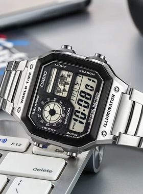 CASIO卡西欧小方块学生款AE-1200WHD简约运动防水钢带日韩表