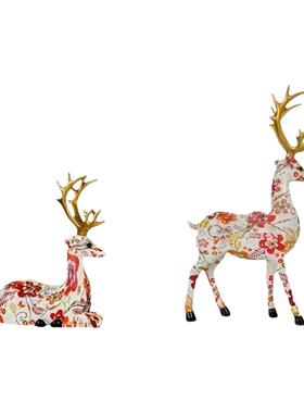 圣诞动物摆件水转印对鹿炫彩树脂工艺品个性时尚家居客厅装饰品批