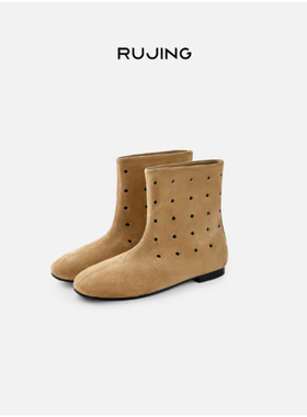 RUJING【星孔】浅棕色透气孔平底短靴 复古风舒适女靴-038