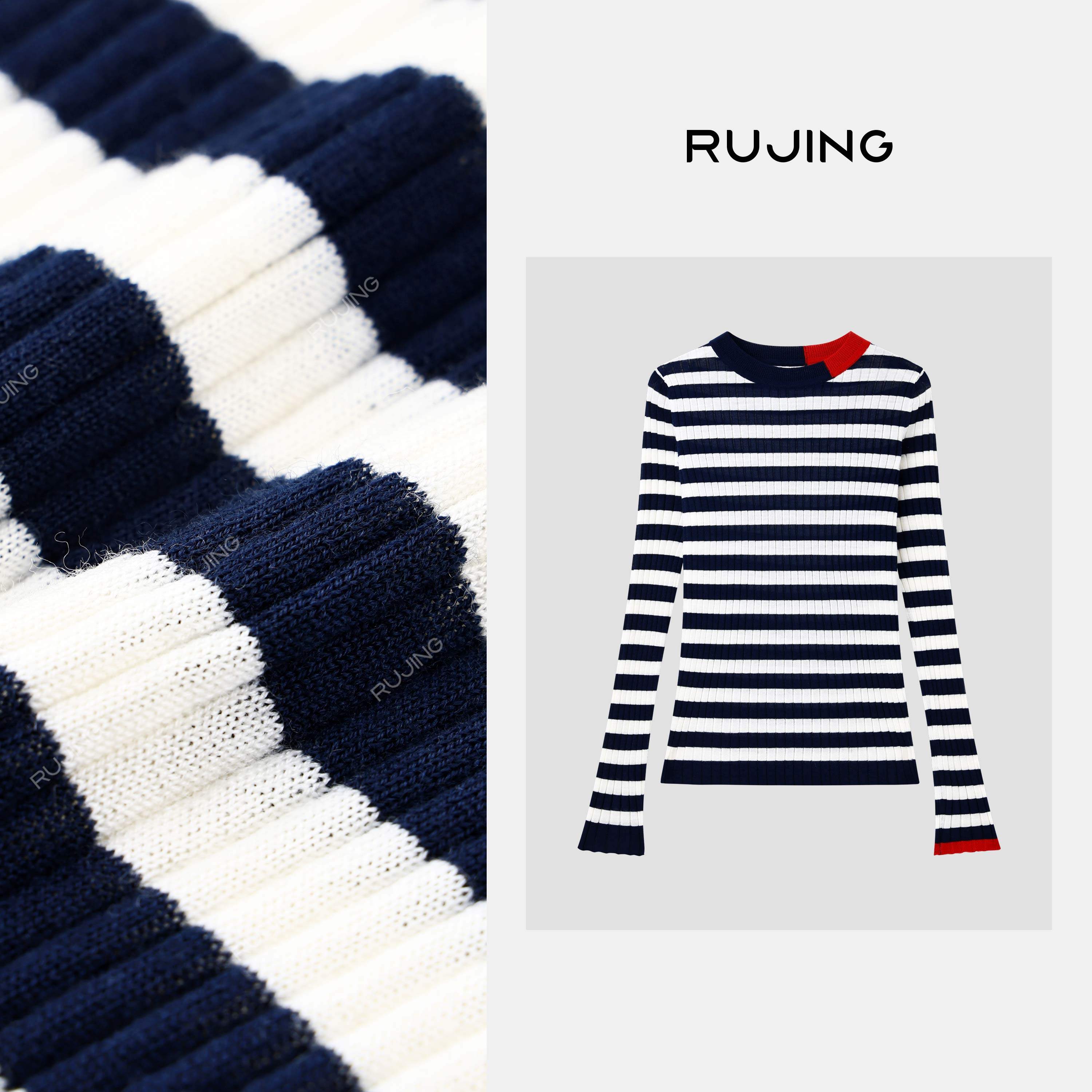 RUJING 丨【条纹律动】扬子2/60支100%羊毛圆领条纹长袖针织衫