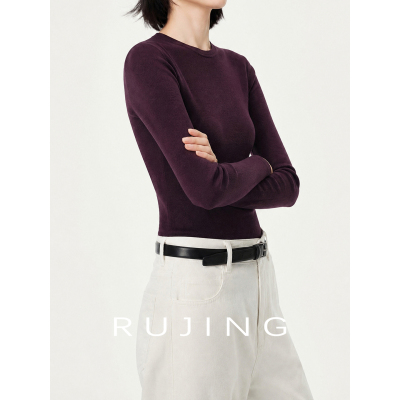 RUJING丨黑标【珍珠羊绒】珍珠粉羊绒T恤女2026秋极简舒适打底衫