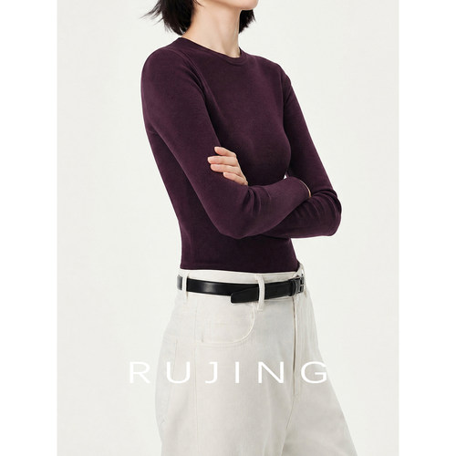 RUJING丨黑标【珍珠羊绒】珍珠粉羊绒T恤女2026秋极简舒适打底衫