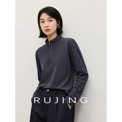 RUJING | 黑标【砂洗半拉链】科耐丽兰精天丝立领卫衣女2026秋