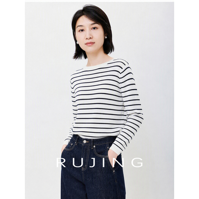 RUJING丨黑标【海序条纹】Row风棉绒针织衫女2026秋藏蓝白条纹衣