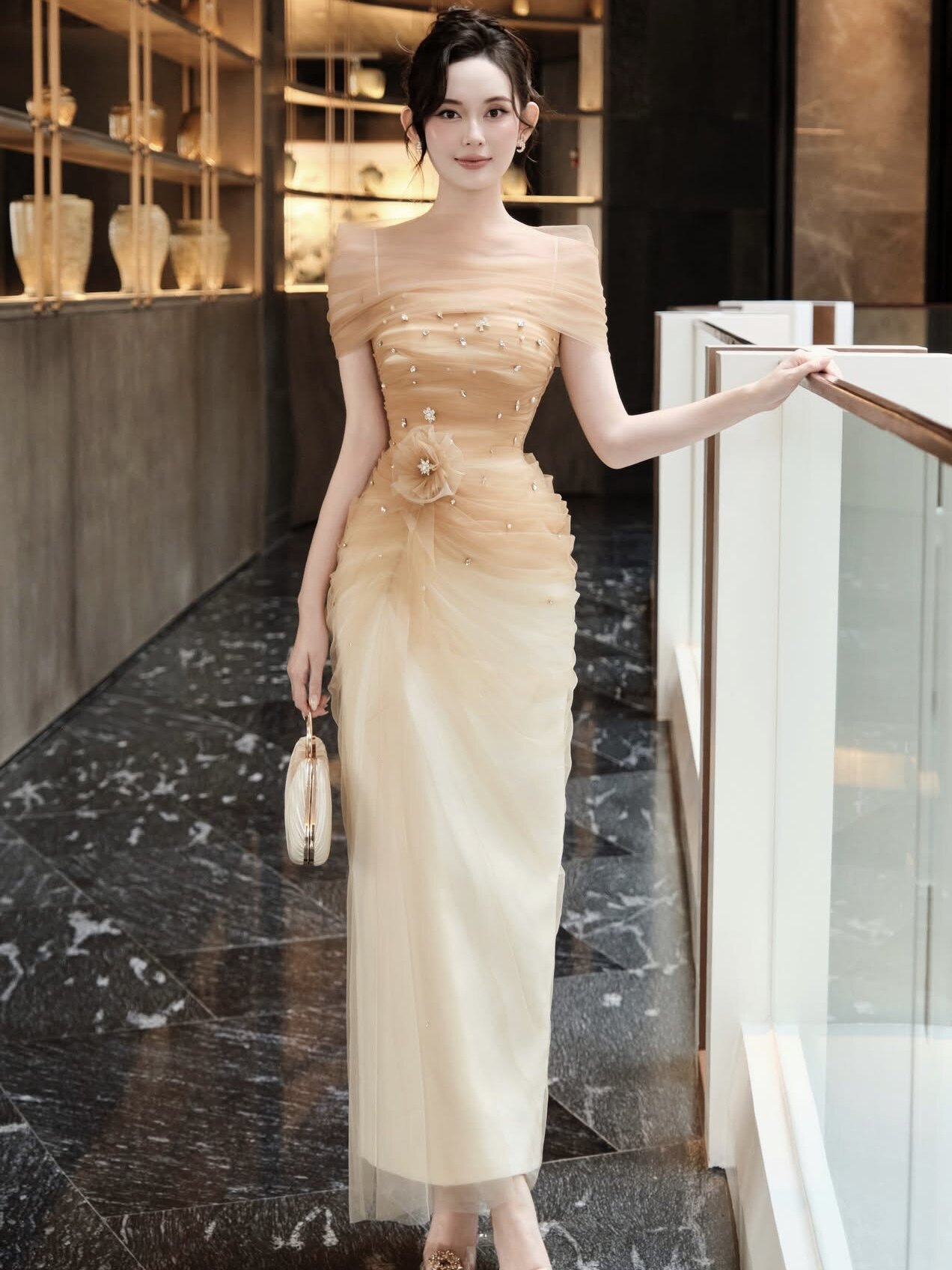 越南正品代购KAD Design修身一字肩网纱花朵连衣裙高端宴会礼服