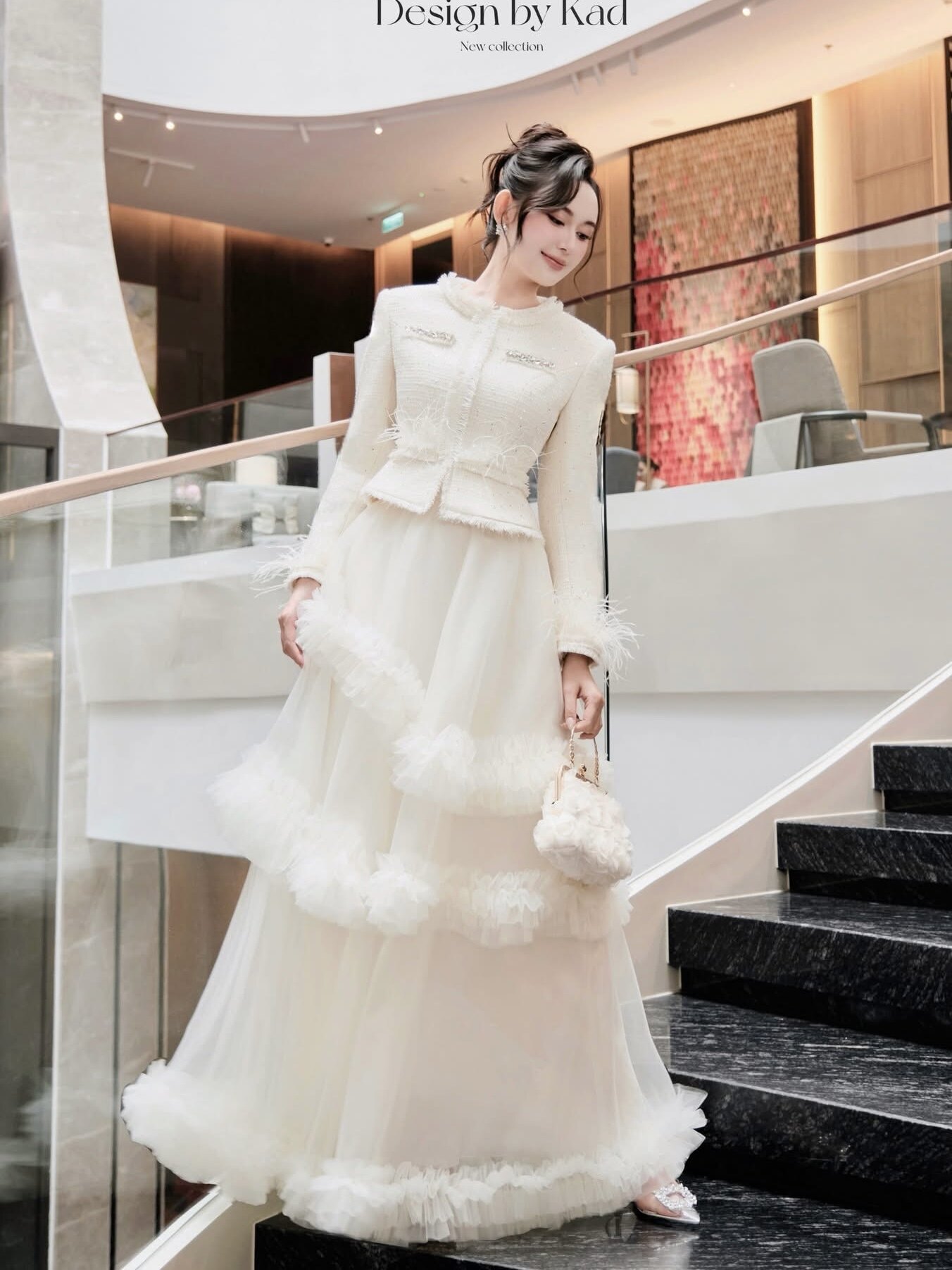 越南正品代购Kad Design羽毛拼接外套长款半身裙甜美公主风套装