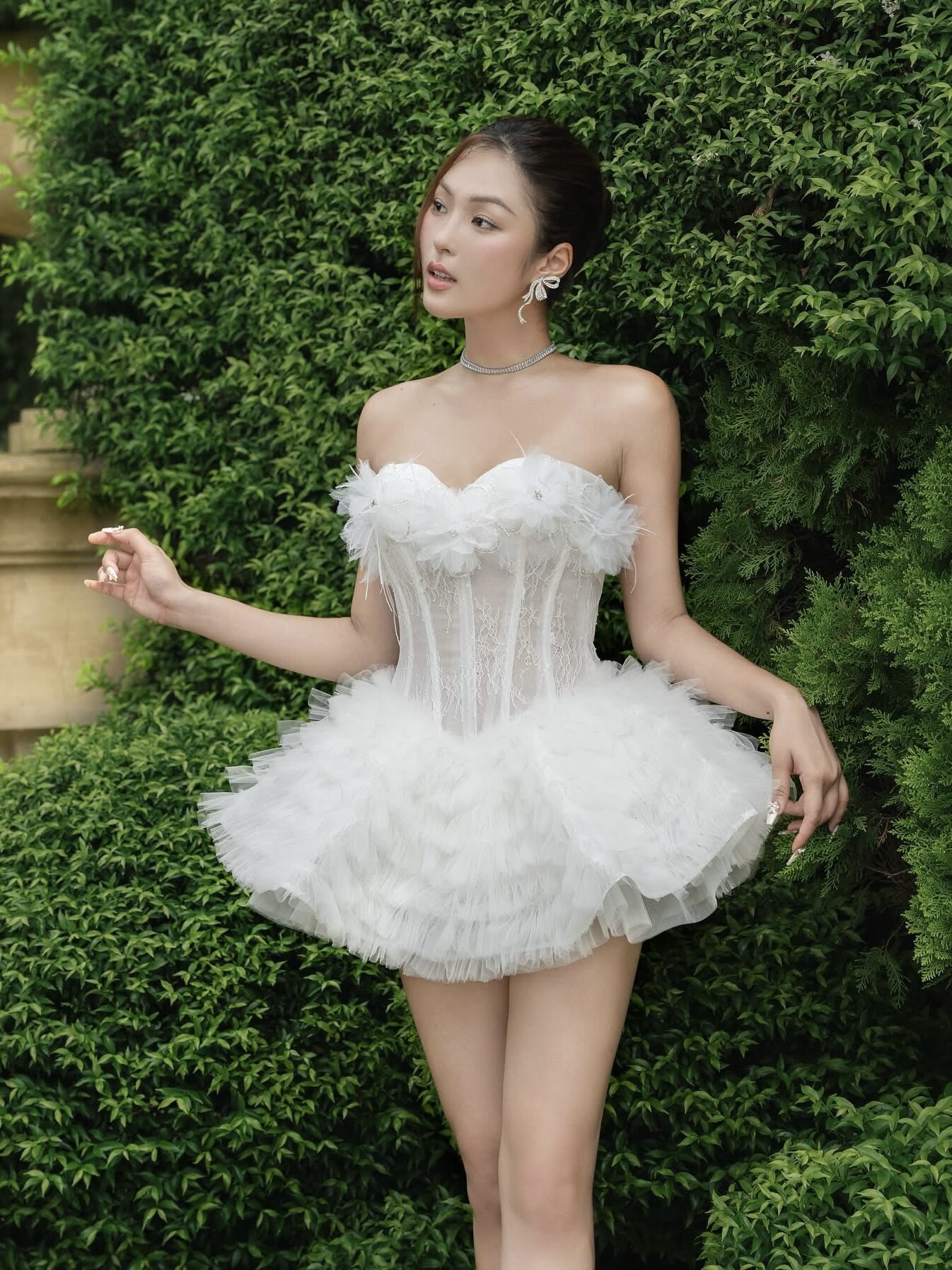 越南正品代购LANECI抹胸鱼骨蕾丝网纱拼接花朵蓬蓬裙甜美辣妹礼服