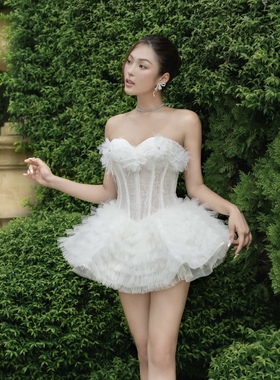 越南小众品牌LANECI抹胸鱼骨蕾丝网纱拼接花朵蓬蓬裙甜美辣妹礼服