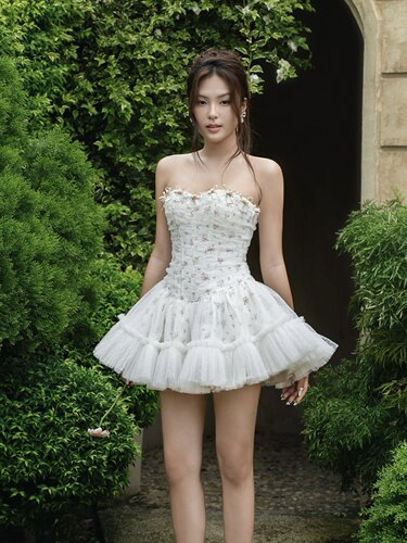 越南正品代购LANECI抹胸鱼骨碎花蓬蓬裙甜美性感辣妹连衣裙