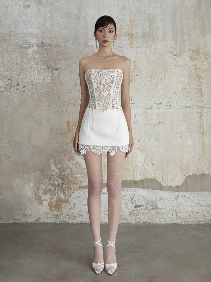 越南正品代购Moulinrose蕾丝抹胸绑带上衣+包臀半身裙两件套装