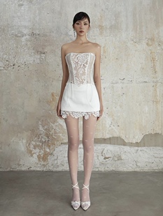 越南正品代购Moulinrose蕾丝抹胸绑带上衣+包臀半身裙两件套装