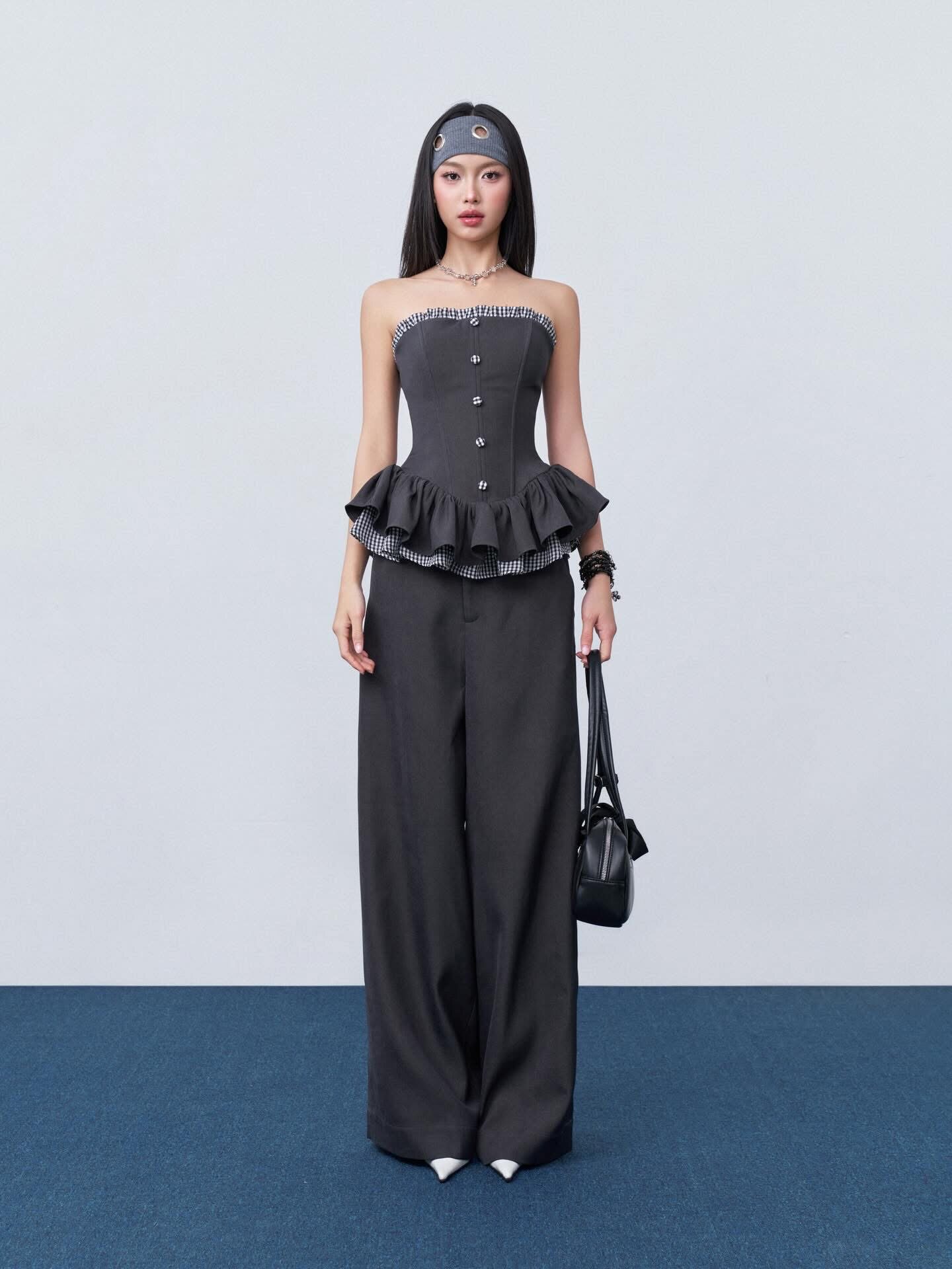 越南正品代购Baabeeboo抹胸拼接上衣+长裤子两件套装时尚辣妹