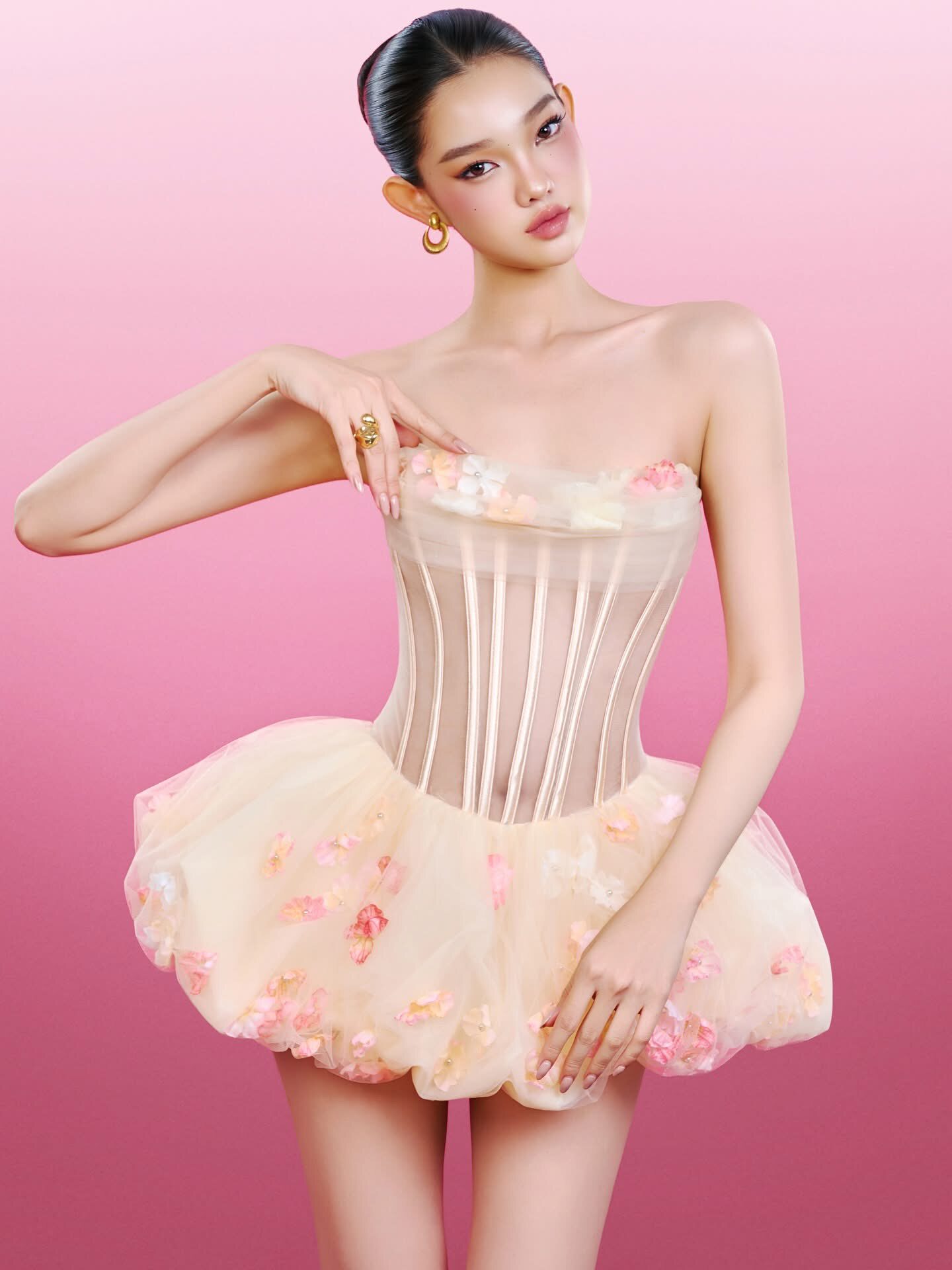 越南正品代购Moulinrose抹胸鱼骨透视花苞裙性感甜美礼服晚装