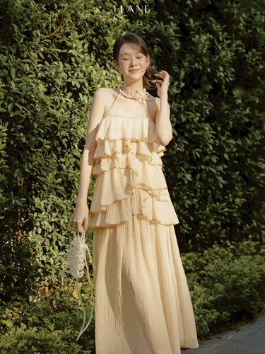 越南正品代购FLANE挂脖花朵荷叶边连衣裙度假风仙女甜美长款裙
