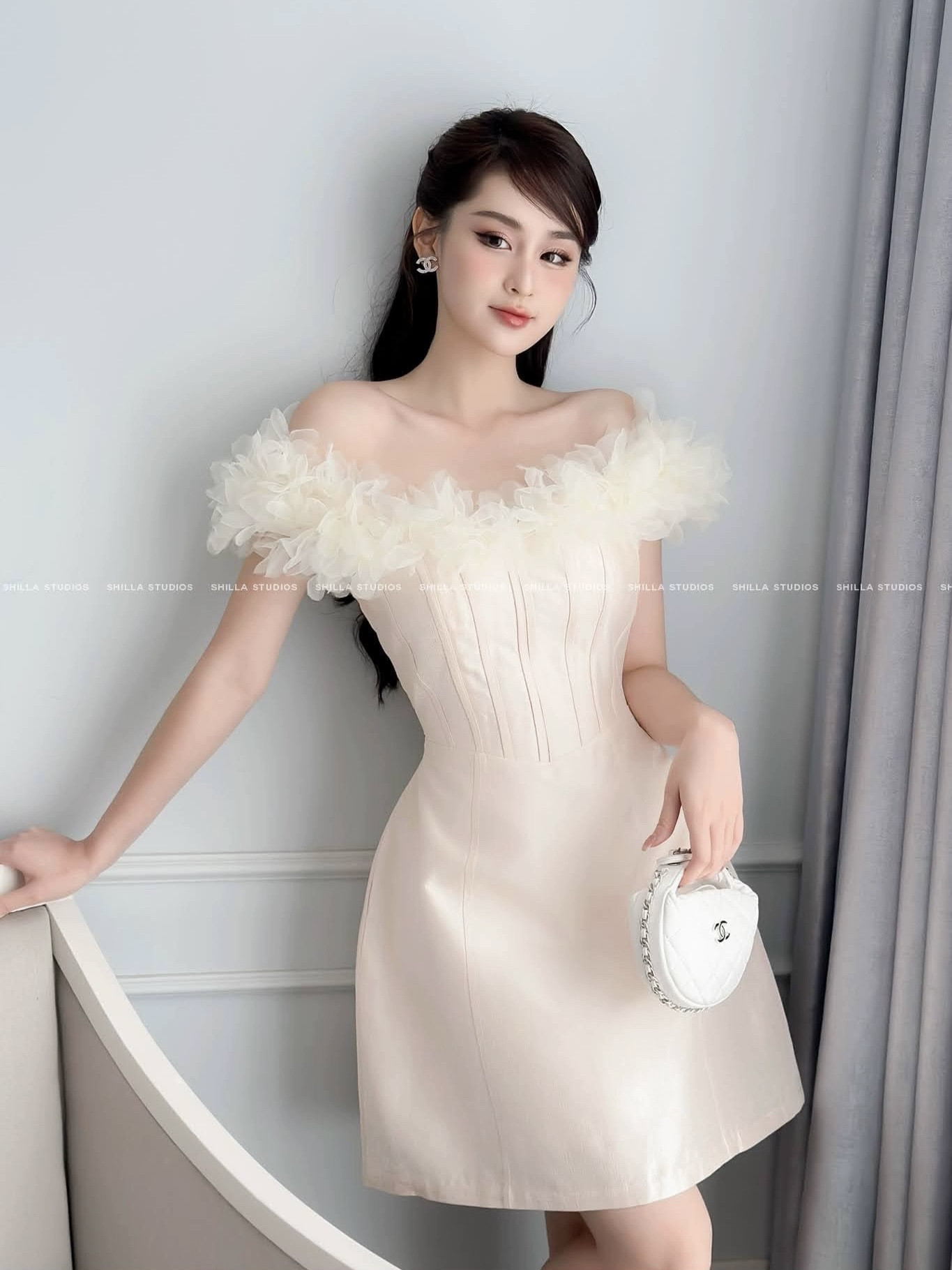 现货M越南小众品牌服装SHILLA露肩一字领连衣裙高雅时尚