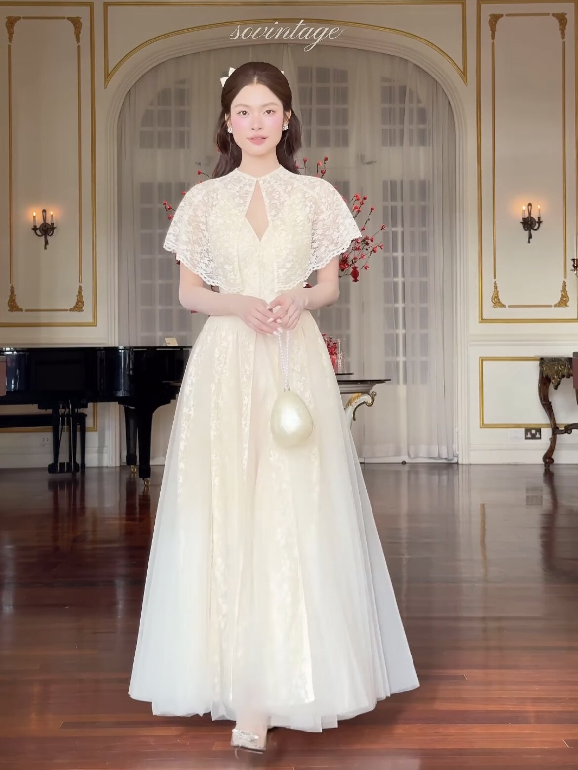 越南代购SoVintage披肩蕾丝外套小坎肩连衣裙优雅订婚宴会礼服
