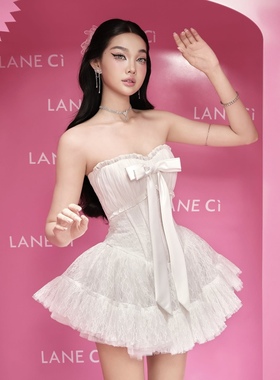 越南小众品牌LANECI蕾丝抹胸鱼骨蝴蝶结蓬蓬裙甜美性感辣妹连衣裙