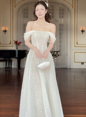 越南小众品牌SoVintage抹胸一字肩亮片连衣裙法式优雅长款礼服