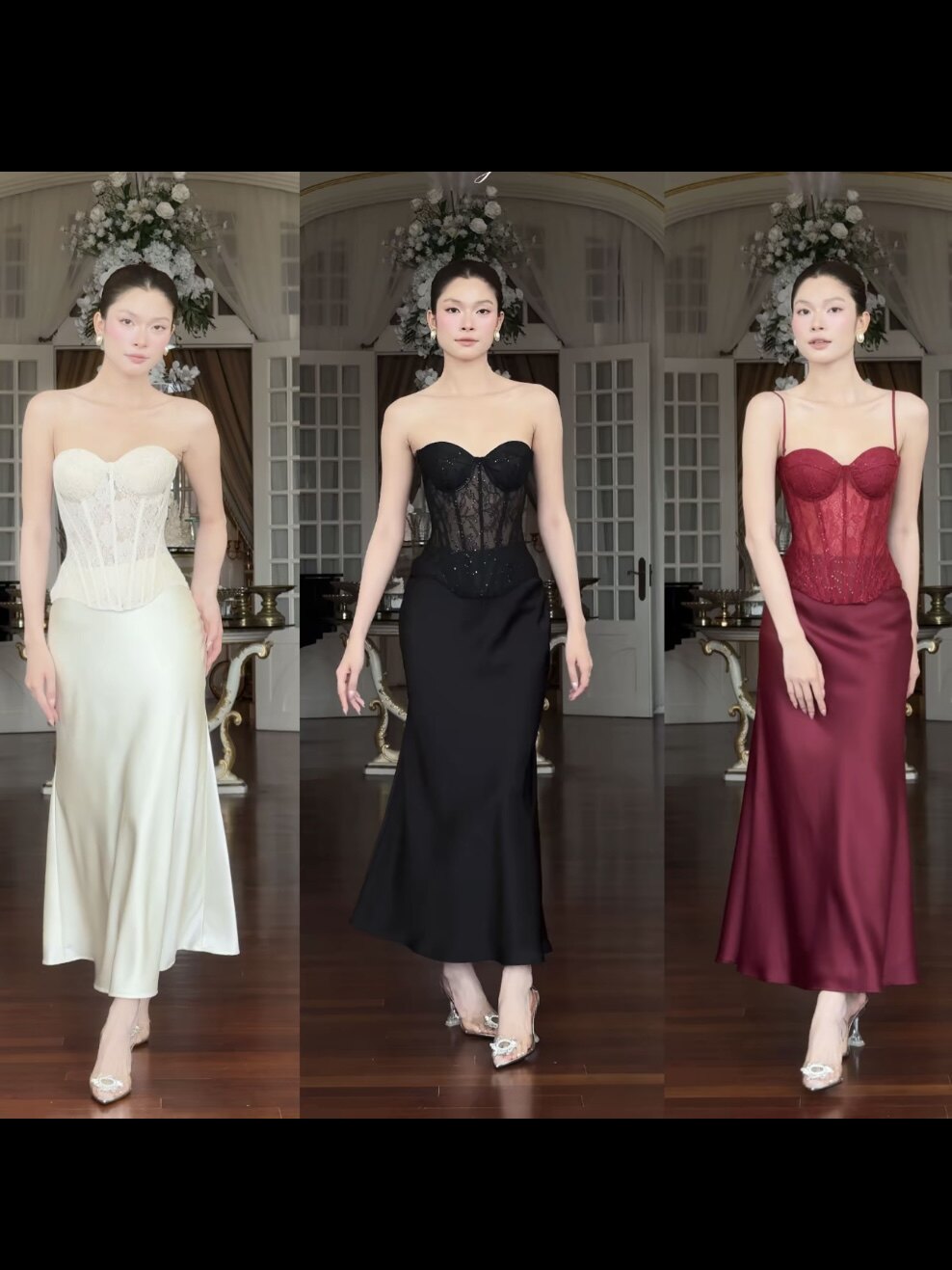 越南SoVintage抹胸鱼骨蕾丝亮片上衣+鱼尾半身裙套装法式气质