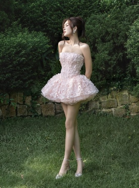 越南小众品牌LANECI抹胸鱼骨提花网纱拼接蓬蓬裙甜美辣妹连衣裙