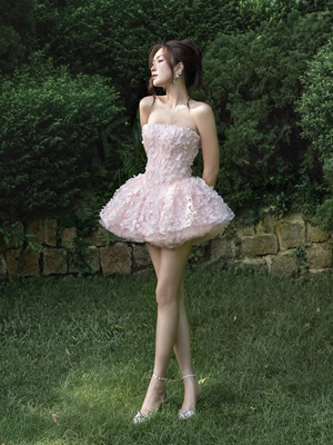 越南正品代购LANECI抹胸鱼骨提花网纱拼接蓬蓬裙甜美辣妹连衣裙