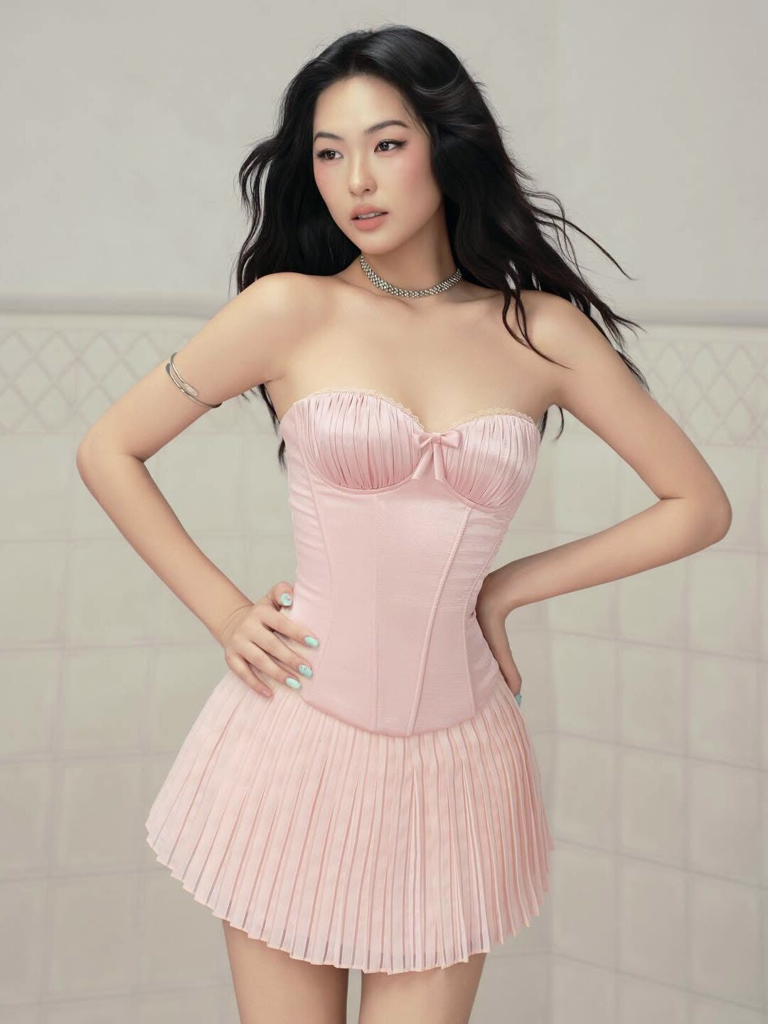 越南正品代购LaneCi抹胸鱼骨修身上衣+百褶半身裙套装甜美性感