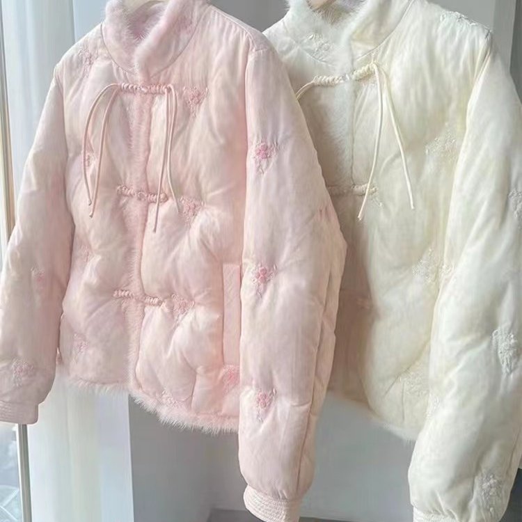 中国风羽绒服女2025冬精致水貂毛新中式盘扣蕾丝欧根纱白鸭绒外套