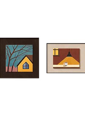 中古风餐厅装饰画法式复古卧室房间两联壁画肌理感餐桌旁饭厅挂画