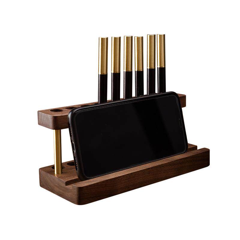 笔架多功能黑胡桃实木质办公室桌面手机创意收纳黄铜签字钢笔支架