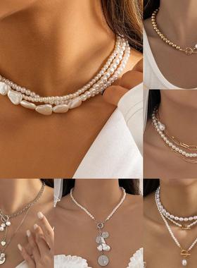 2024 European Vintage Stacked Baroque Pearl Necklace for Wom