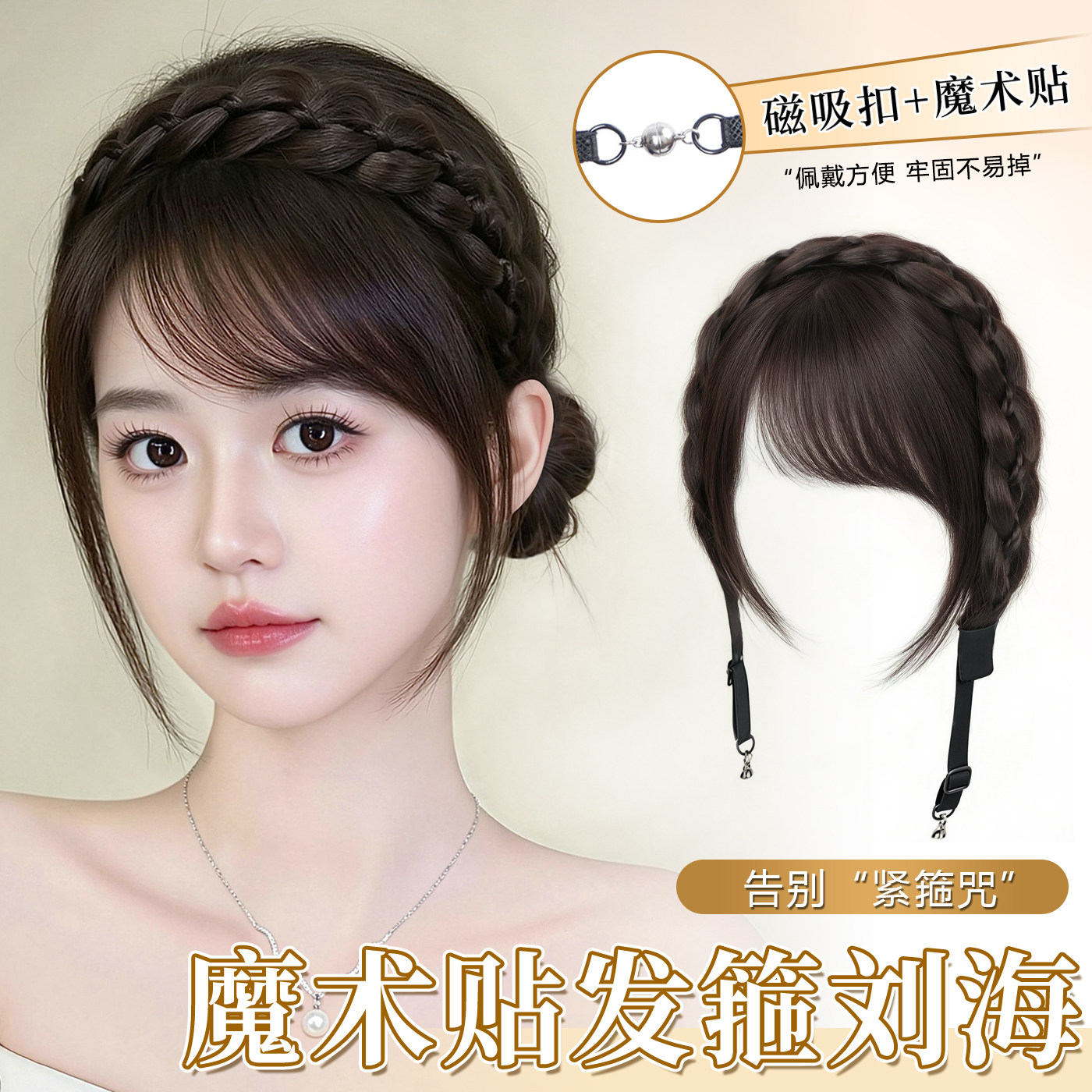 发箍刘海假发女一体磁吸式鱼骨辫假发发箍增高颅顶真发刘海假发片