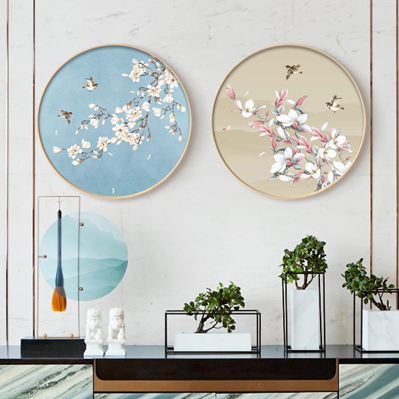 百特好 新中式圆形餐厅挂画玉兰花装饰画花鸟玄关墙壁画室雅兰香