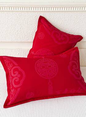 新全棉纱布枕套一对装结婚庆红色提花三层纯IAW礼棉喜款庆婚大枕