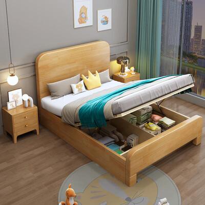 .实6898木床单人床12米原木简经济型储约高箱床实木1物.5米简美双