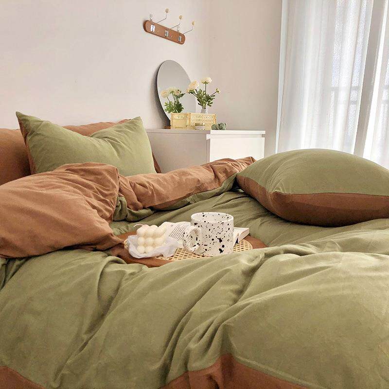秋冬新款拼针织色棉件套简素色被套枕约品牌/四套床单床笠款套件