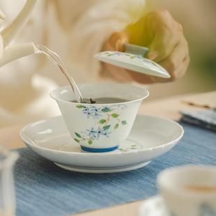 釉下彩手绘小蓝芽盖碗高白茶xlg具小瓷清新茶碗茶室泡主泡碗