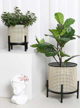 现代简空铁艺客厅绿萝落地约镂铁网电视植物花盆架91342&91flowe