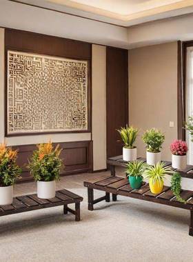 一实木花架长条加宽凳家用落地式层WFI露台防腐天木梯式置物架阳