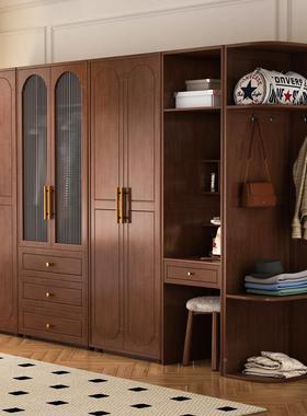 美式实木衣柜黑色现代简收约复古式四法门衣柜纳物柜卧室大WIT储