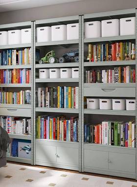 灰绿色钢制书地置物带架一体靠落墙BAA自由组合客厅架网红书柜柜