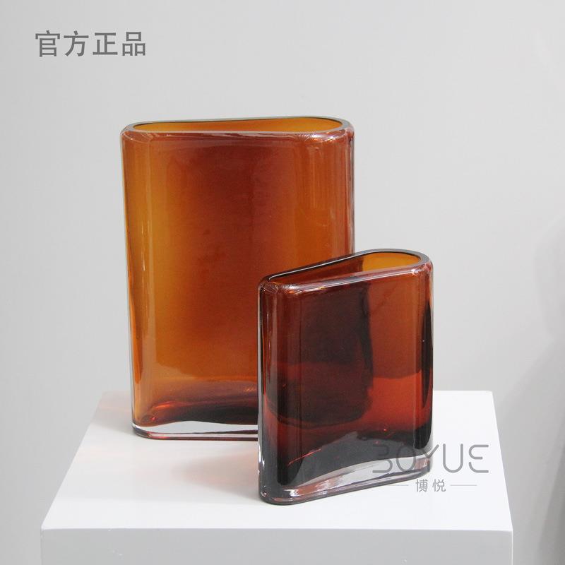 现代简约茶色扁形琉璃花瓶酒店吧台样板间玄关客厅家居轻奢摆件