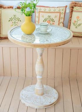 法式复古做旧小茶圆桌几中古XD#63099角休闲几网红民宿阳台雕边花