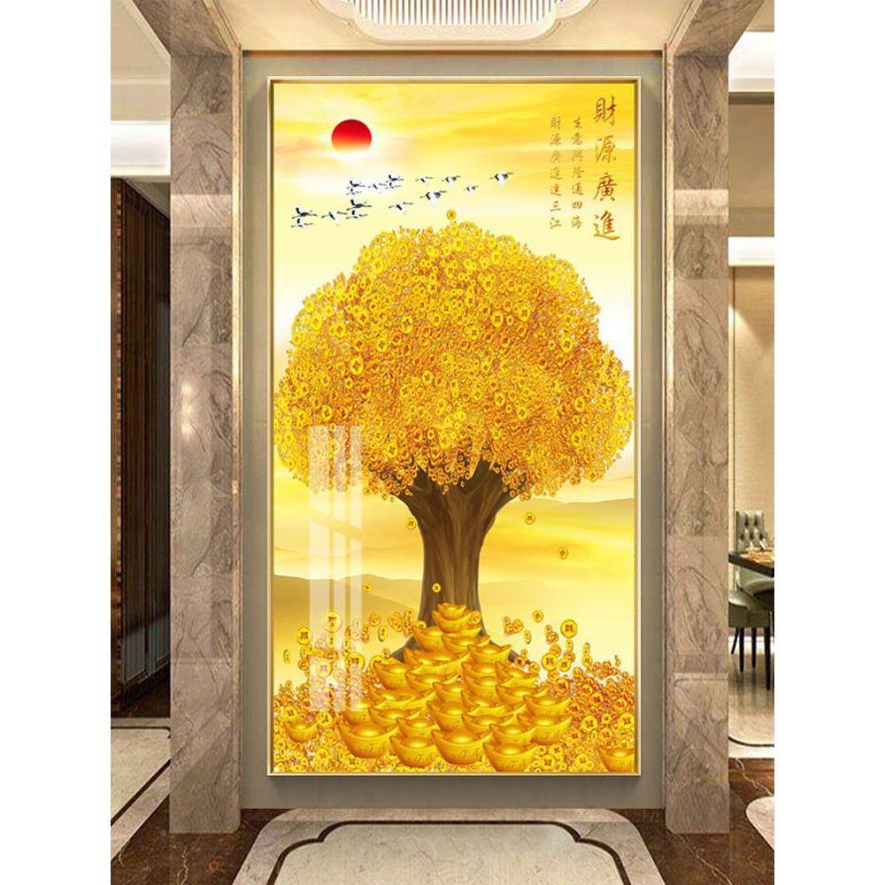 入门树玄竖关装饰画走44821廊过壁画版发财画道客厅挂画中式