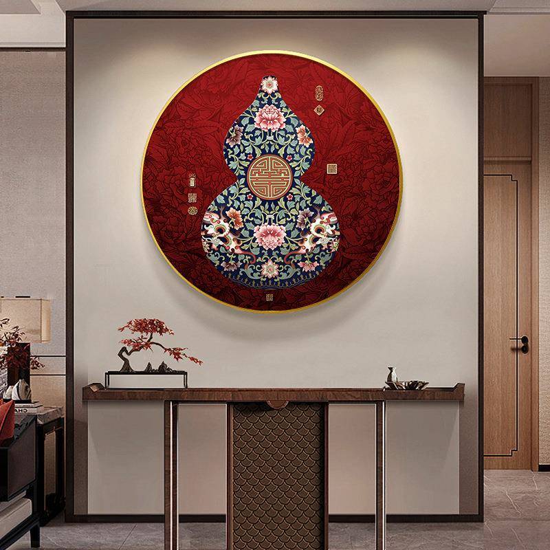 过玄关喜庆大气走YUG新式道圆形葫芦挂画红色廊装饰画壁画花卉中