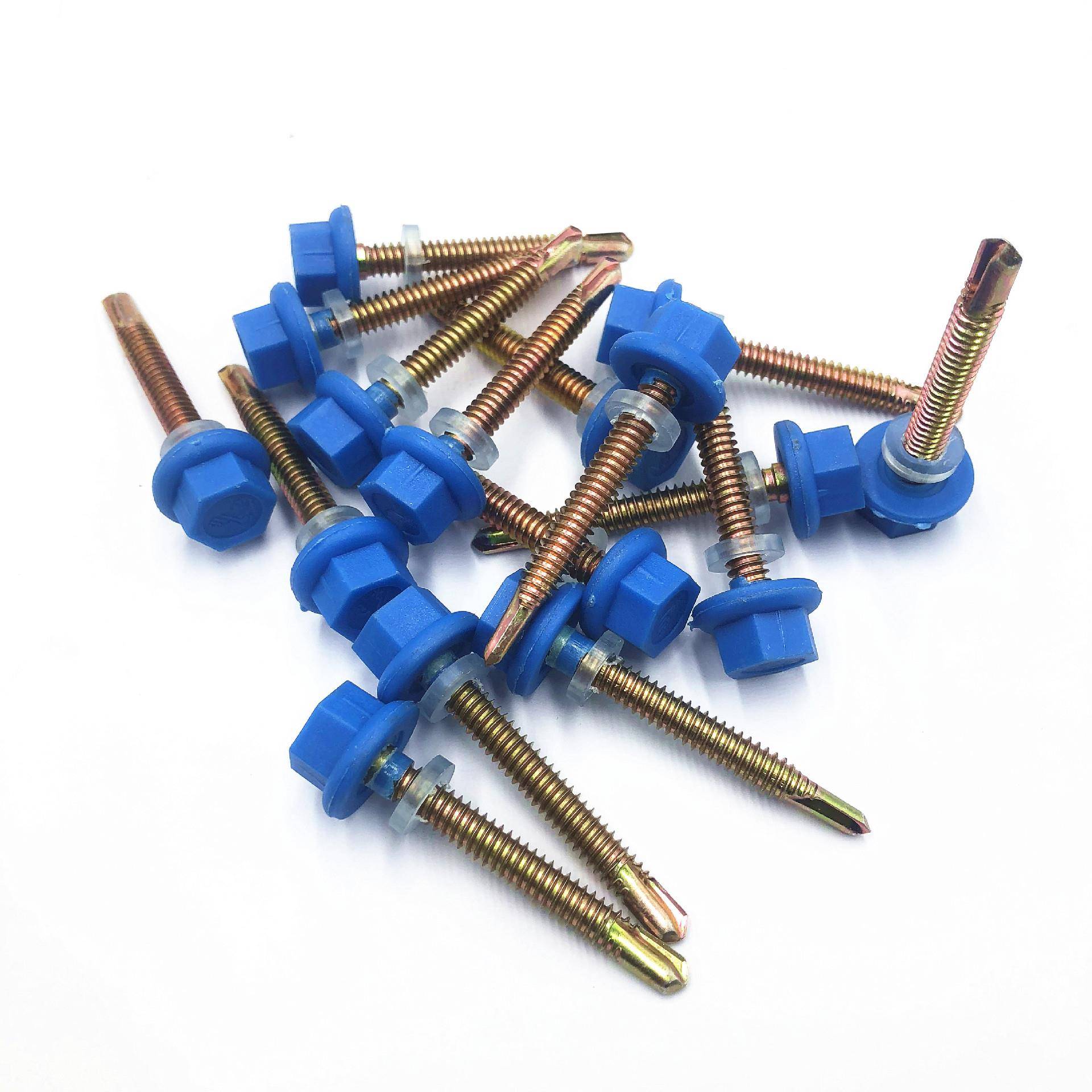 厂价塑彩直销尼龙头钻尾螺丝料角六自攻自钻钻尾丝色帽OGN燕尾